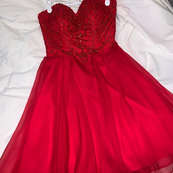Short Strapless Red Flowy Sequin Dress - Picture 2 of 8